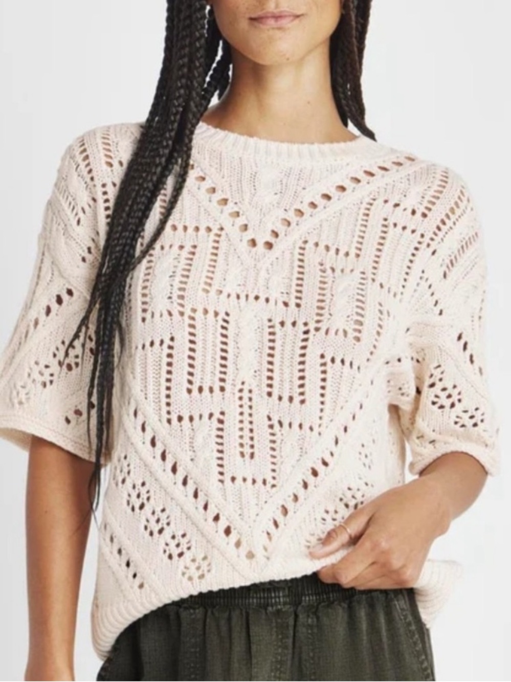 Splendid Dominica Open-Weave Crewneck Sweater in Cream